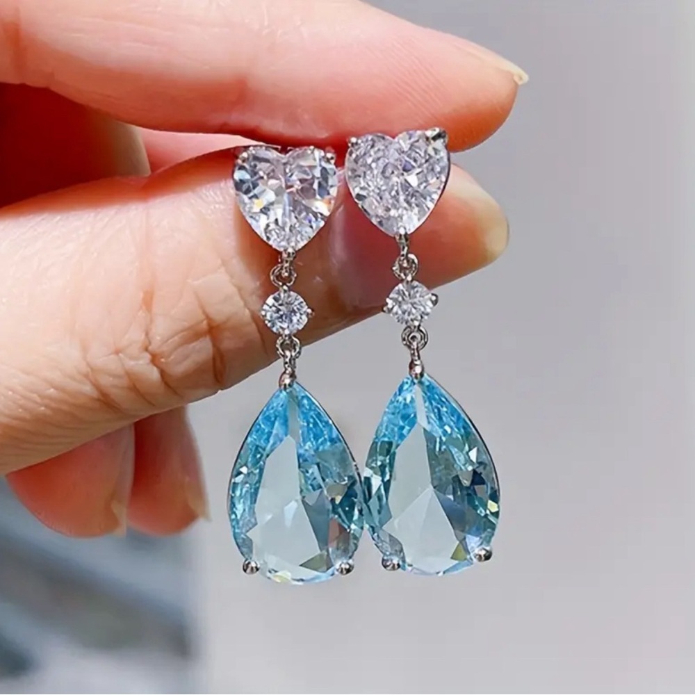Aquamarine Heart Earrings Cubic Zirconia Teardrop Luxury Bridal Hypoallergenic
